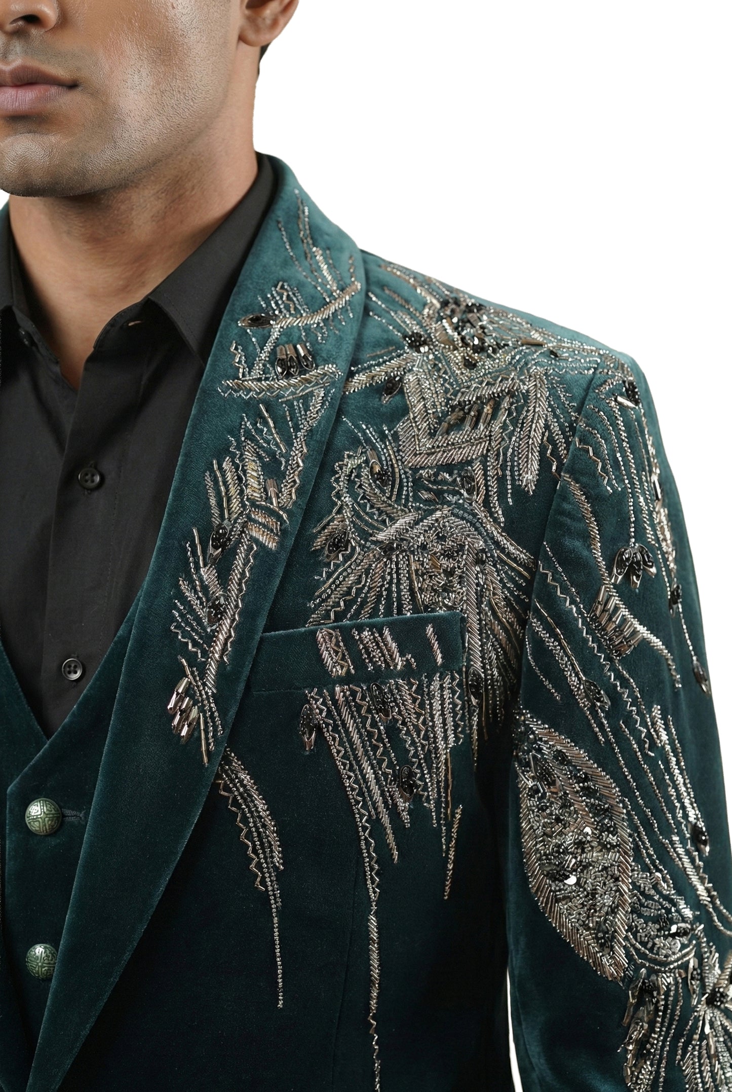 Green Velvet Tuxedo Set with Asymmetric Metallic Embroidery