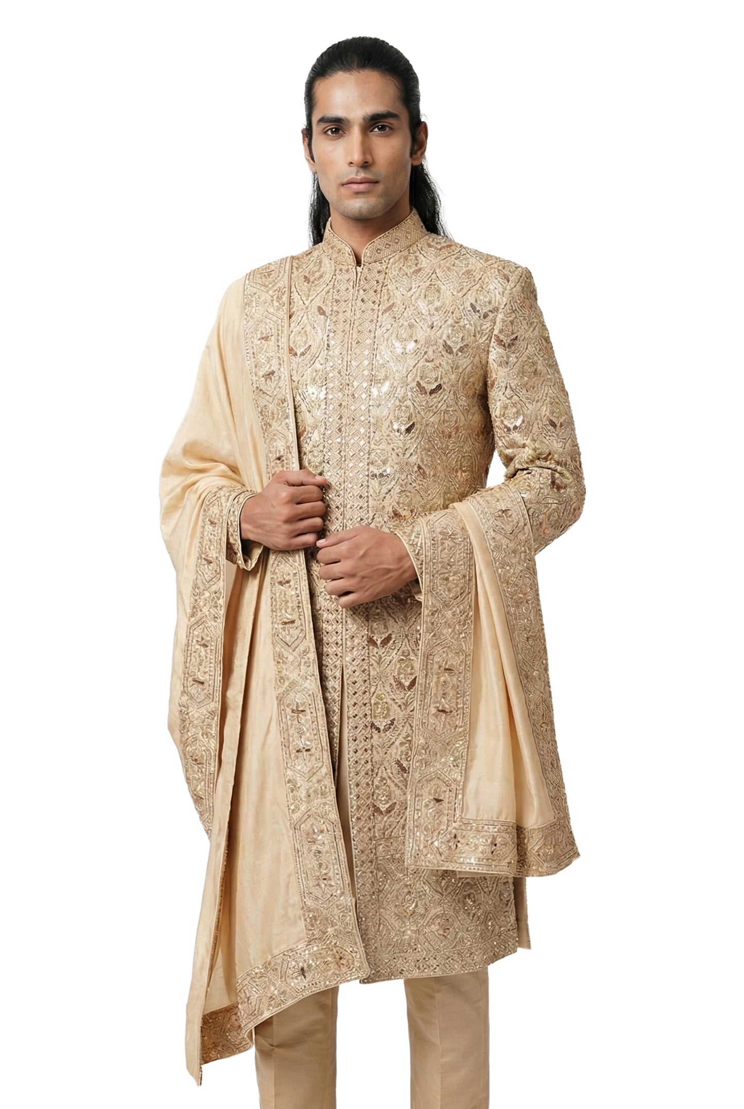 Champagne Gold Embroidered Sherwani Set