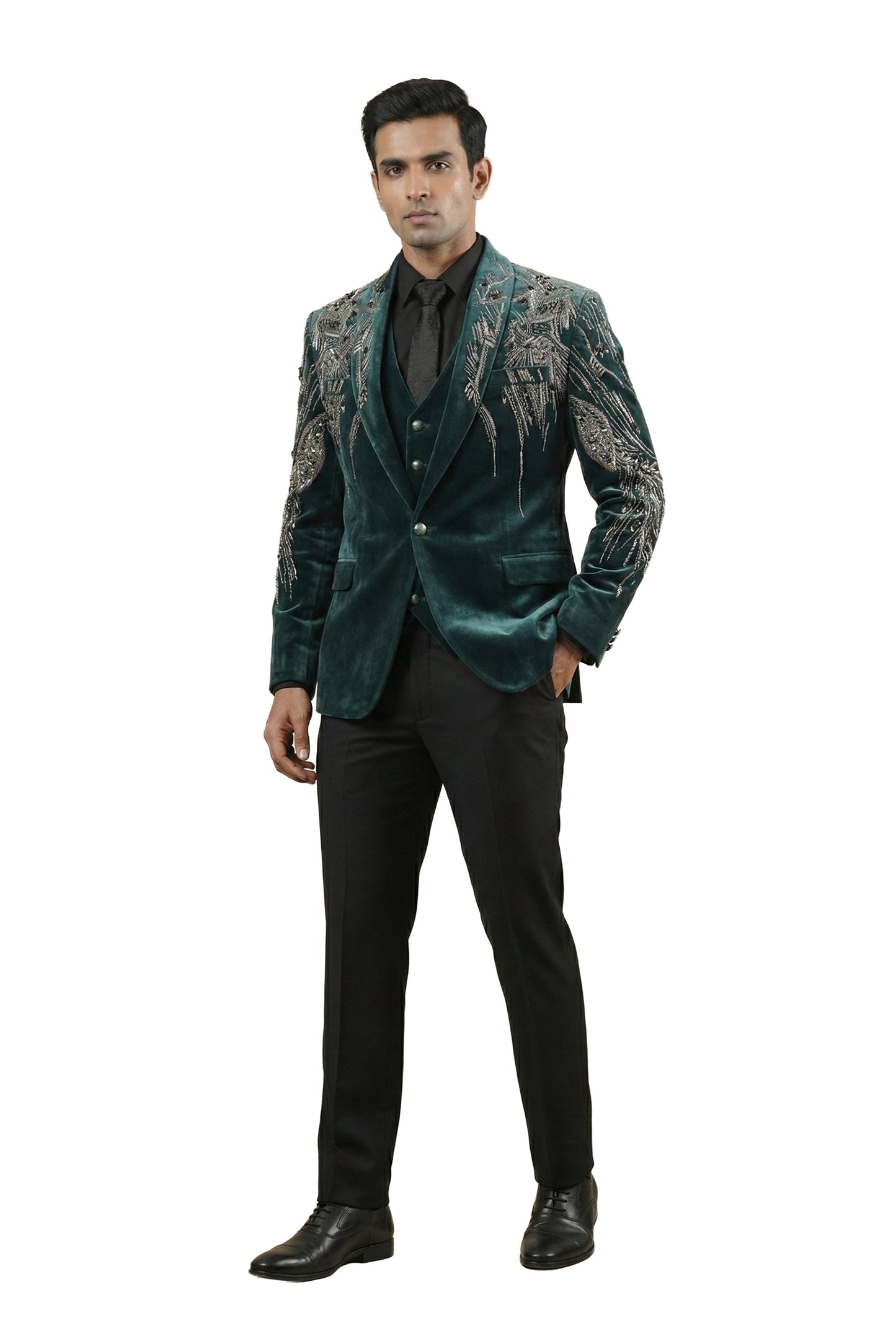 Teal Embroidered Velvet Tuxedo Set