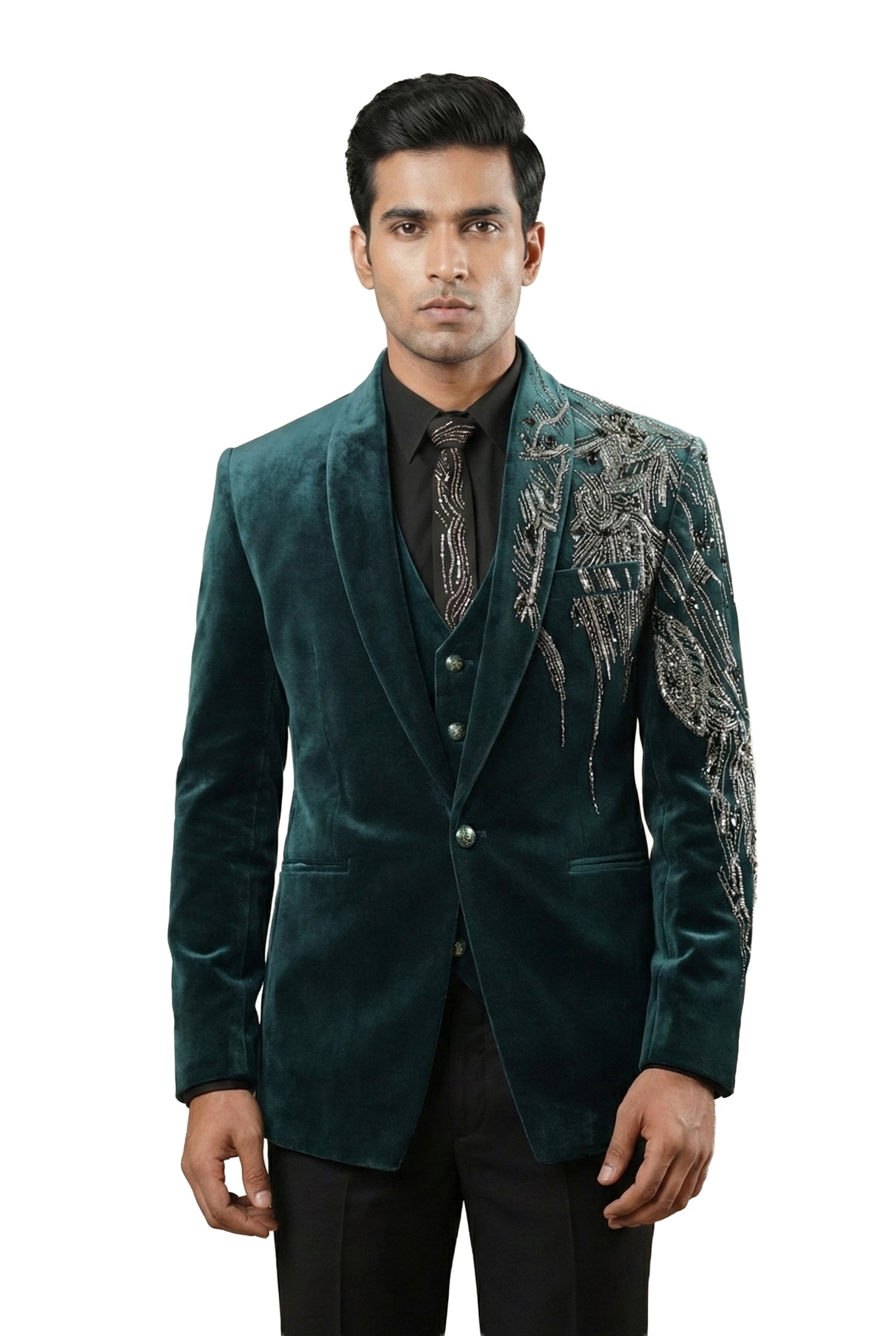 Green Velvet Tuxedo Set with Asymmetric Metallic Embroidery