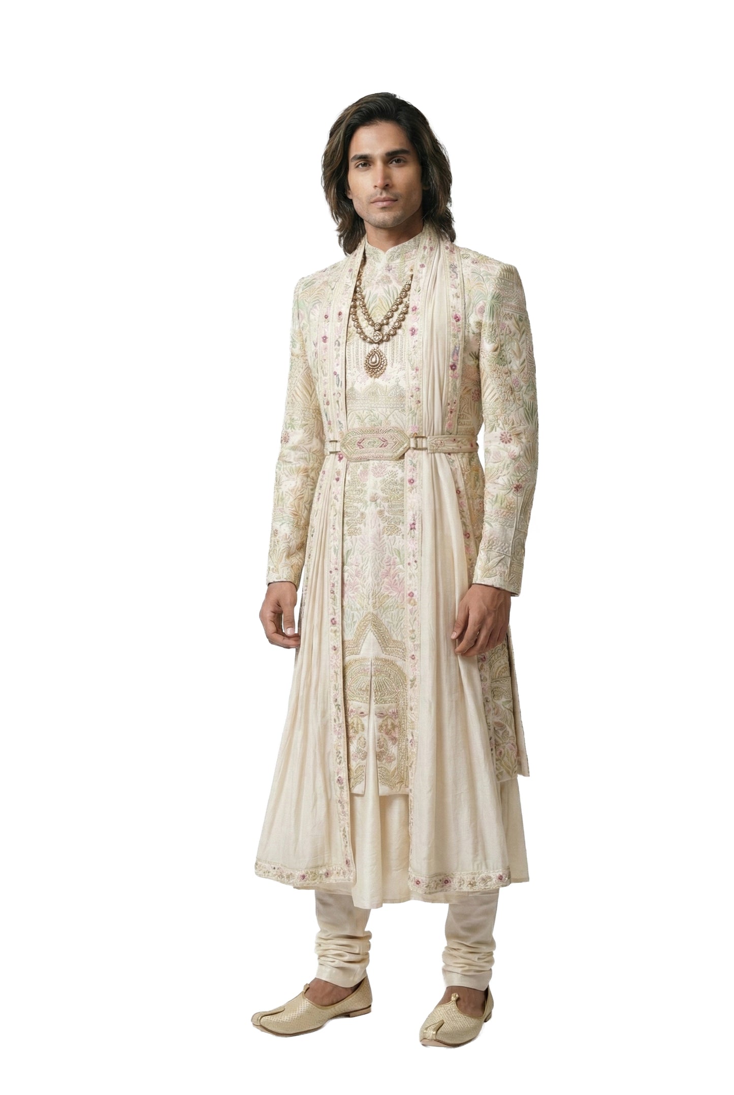 Ivory Pastel Embroidered Sherwani Set with Belt