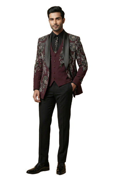 Wine Embroidered Tuxedo Set