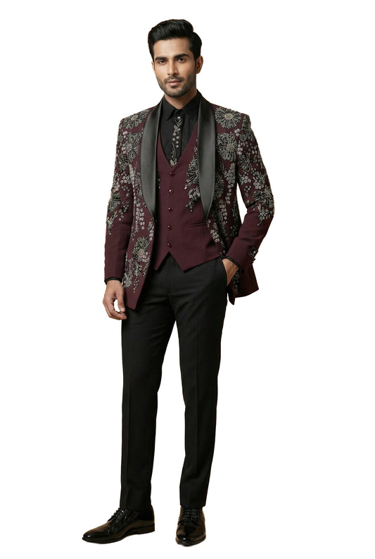 Wine Embroidered Tuxedo Set