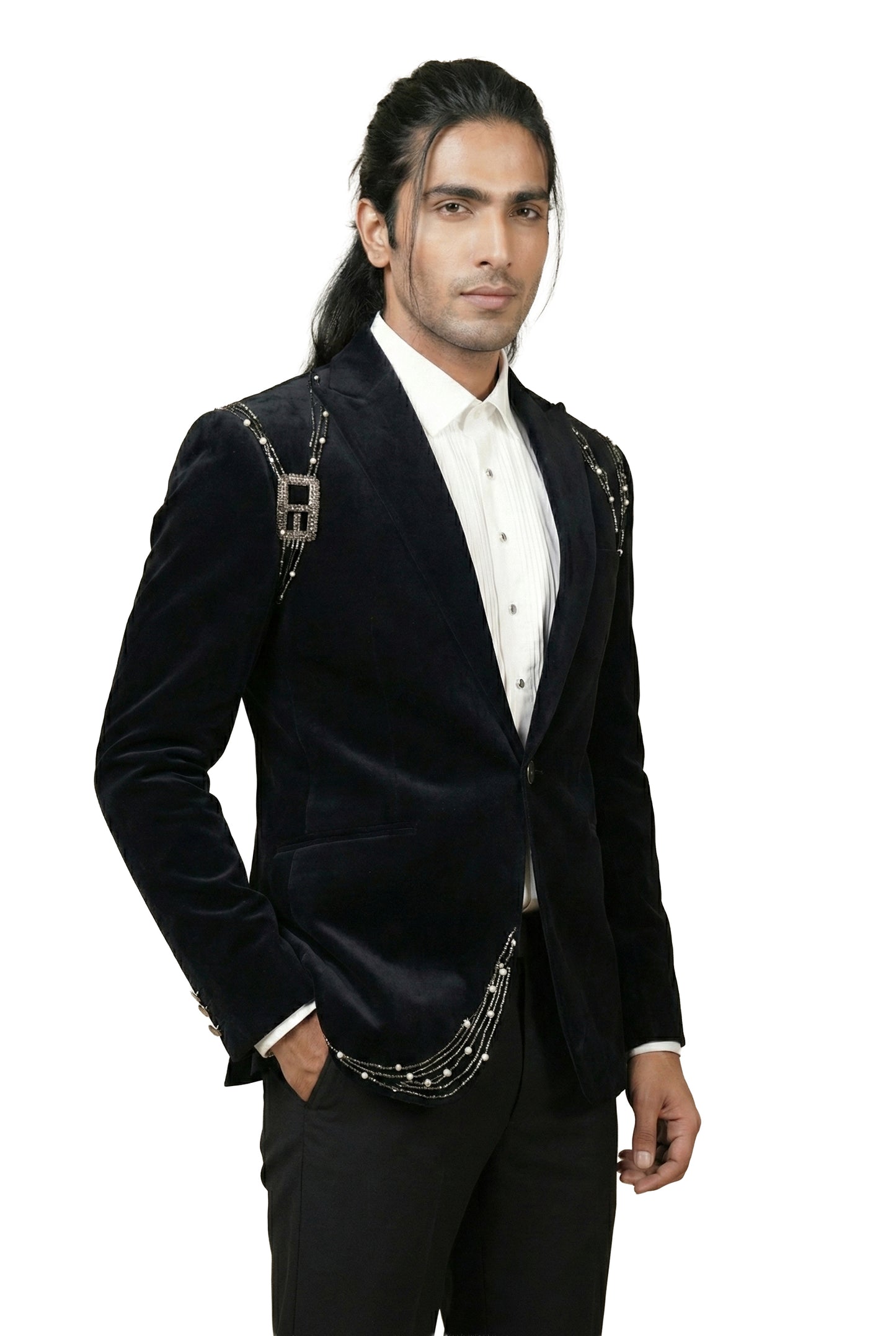 Black Crystal-Embellished Velvet Tuxedo Set