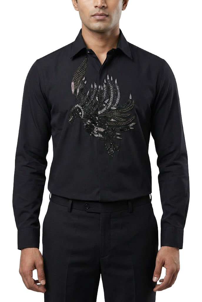 Black Embellished Bird Motif Shirt