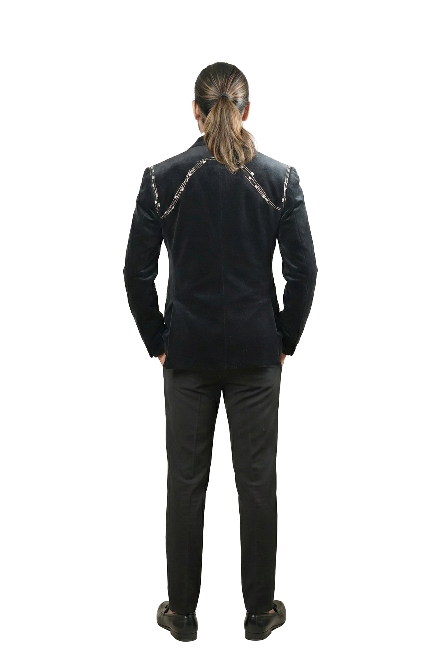 Black Crystal-Embellished Velvet Tuxedo Set