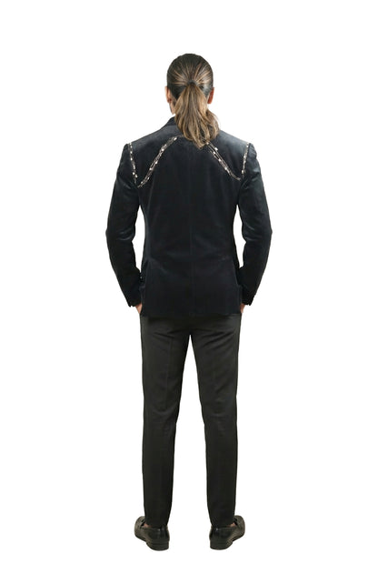 Black Crystal-Embellished Velvet Tuxedo Set