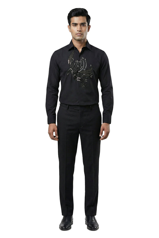 Black Embellished Bird Motif Shirt