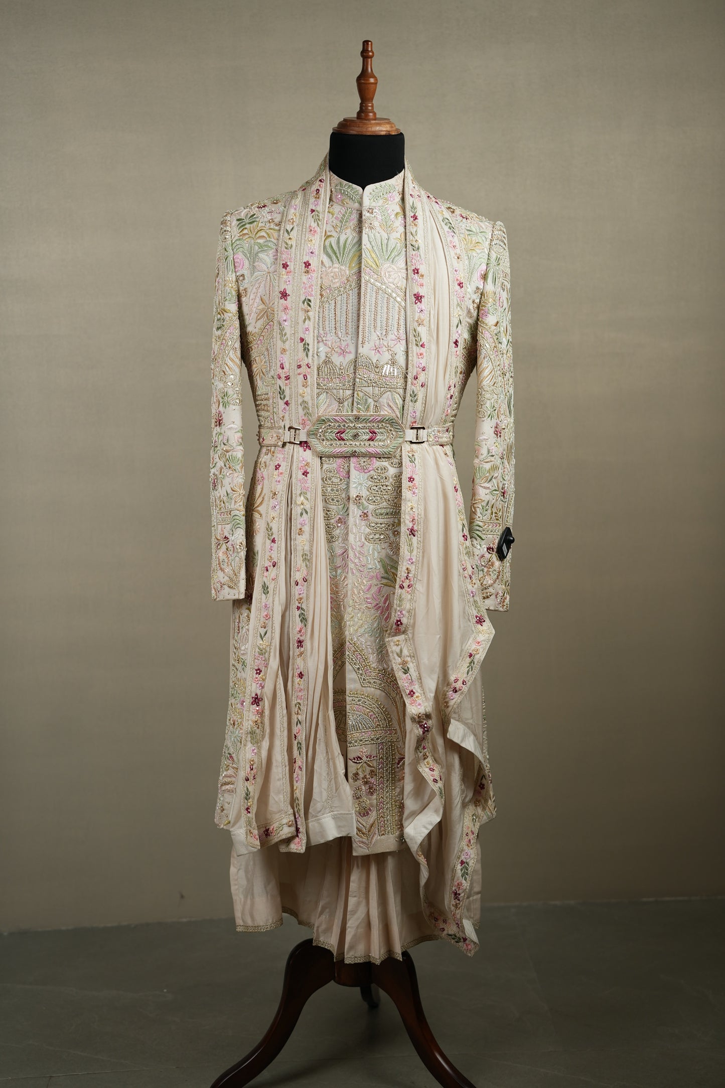 Ivory Pastel Embroidered Sherwani Set with Belt