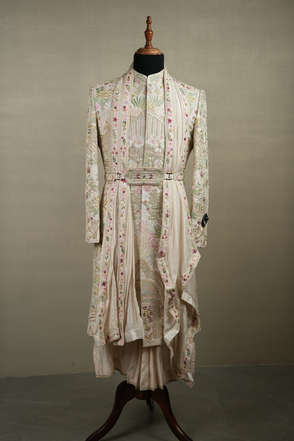 Ivory Pastel Embroidered Sherwani Set with Belt