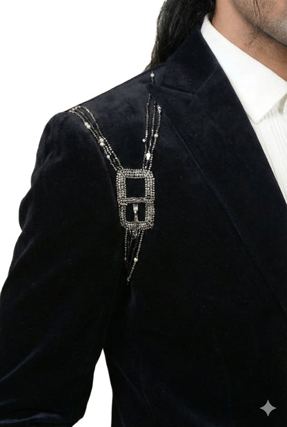 Black Crystal-Embellished Velvet Tuxedo Set
