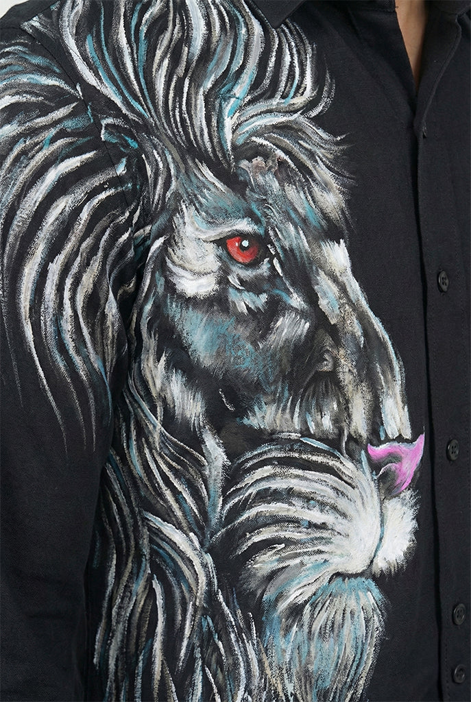 Black Hand-Painted Lion Motif Shirt