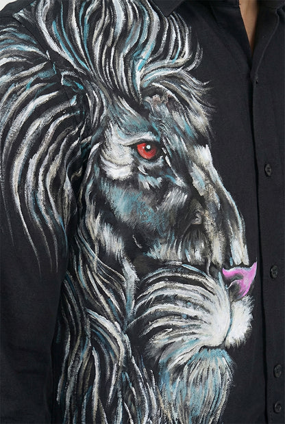 Black Hand-Painted Lion Motif Shirt