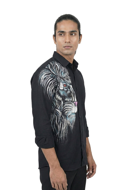 Black Hand-Painted Lion Motif Shirt