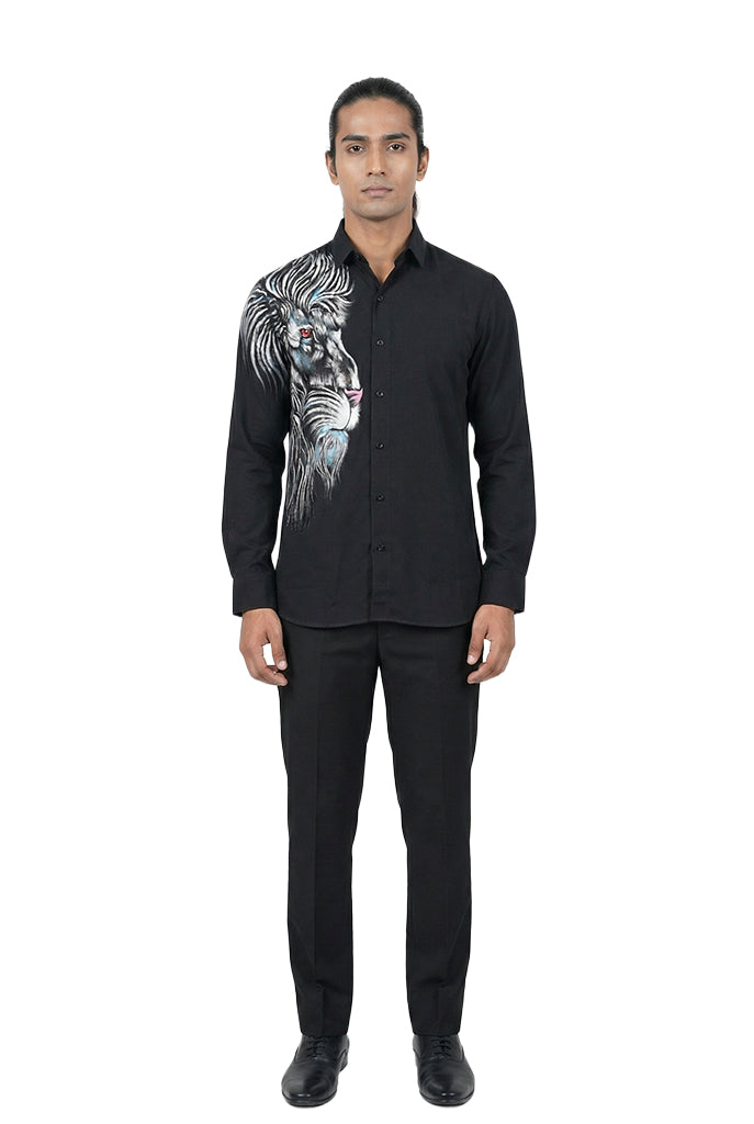 Black Hand-Painted Lion Motif Shirt