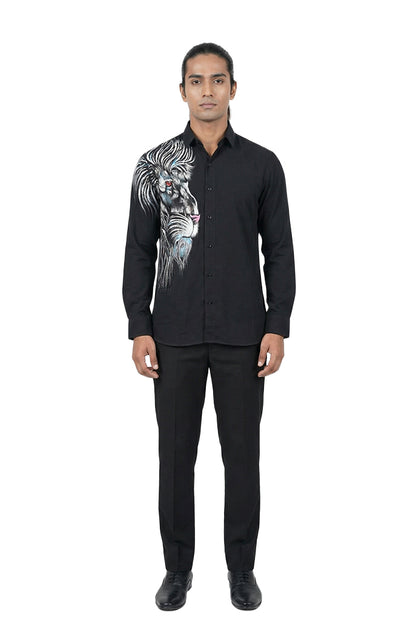 Black Hand-Painted Lion Motif Shirt