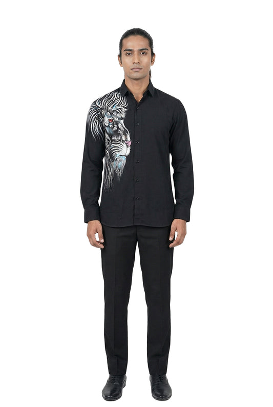 Black Hand-Painted Lion Motif Shirt