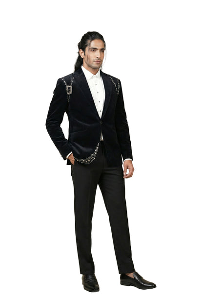 Black Crystal-Embellished Velvet Tuxedo Set