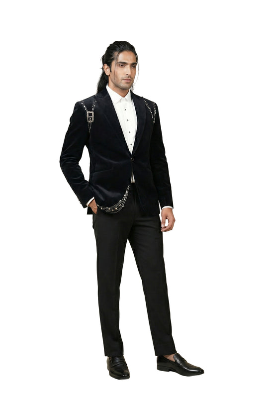 Black Crystal-Embellished Velvet Tuxedo Set