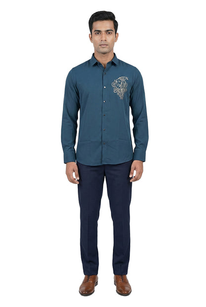 Teal Lion Motif Embroidered Shirt