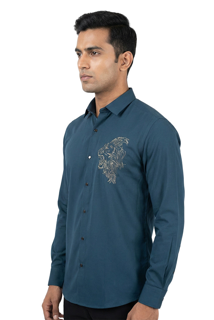 Teal Lion Motif Embroidered Shirt