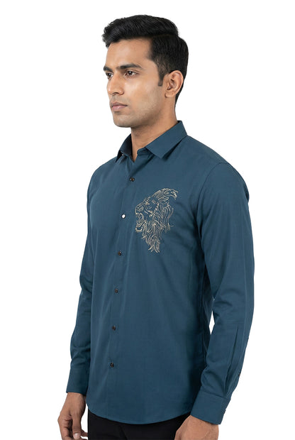 Teal Lion Motif Embroidered Shirt