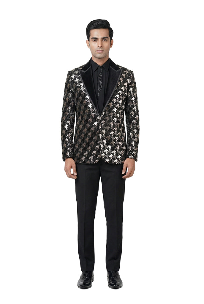 Black and Silver Embroidered Tuxedo Set
