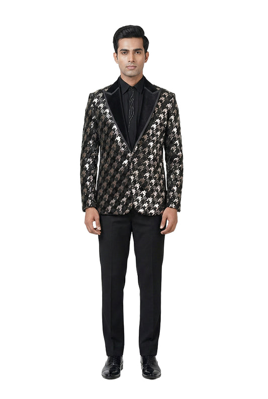 Black and Silver Embroidered Tuxedo Set