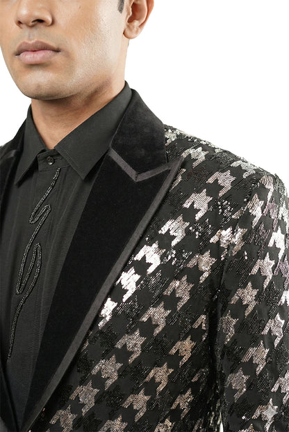 Black and Silver Embroidered Tuxedo Set