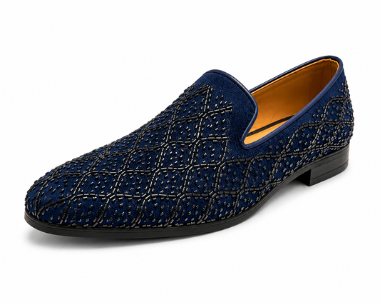Midnight Blue Embellished Velvet Loafers