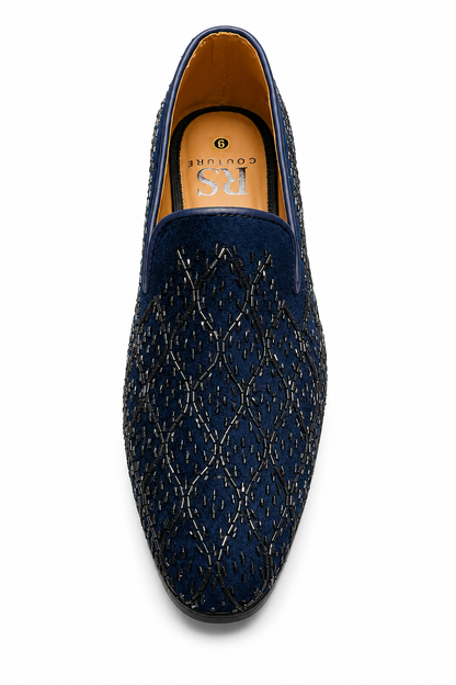 Midnight Blue Embellished Velvet Loafers