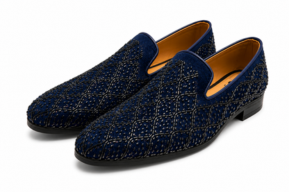 Midnight Blue Embellished Velvet Loafers