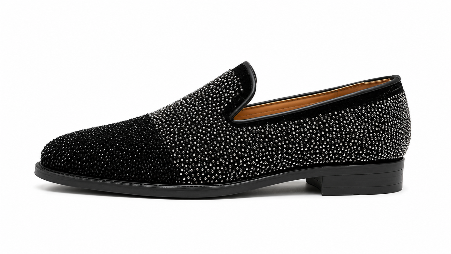 Black & Silver Embellished Velvet Loafers