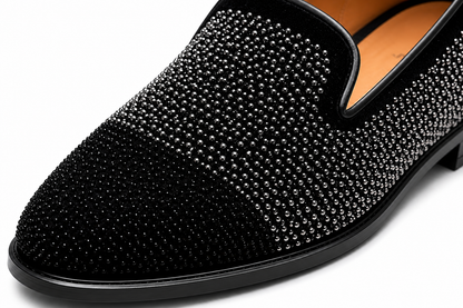 Black & Silver Embellished Velvet Loafers