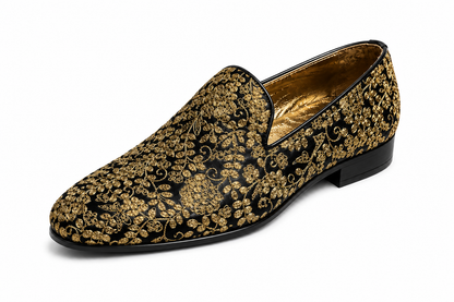 Black & Gold Floral Embroidered Loafers