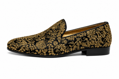 Black & Gold Floral Embroidered Loafers