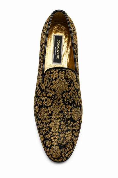 Black & Gold Floral Embroidered Loafers