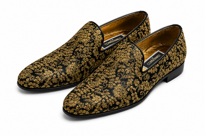 Black & Gold Floral Embroidered Loafers