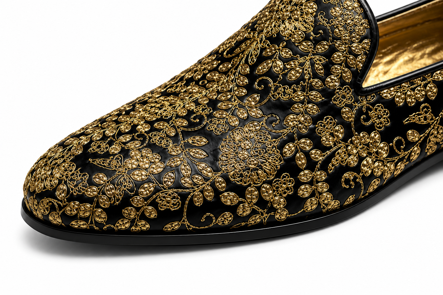 Black & Gold Floral Embroidered Loafers