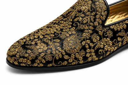 Black & Gold Floral Embroidered Loafers