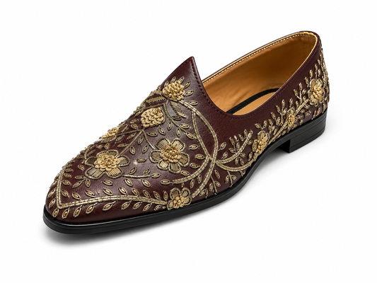 Burgundy Floral Embroidered Loafers