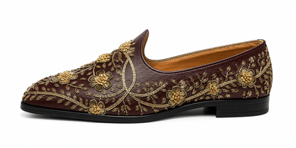 Burgundy Floral Embroidered Loafers
