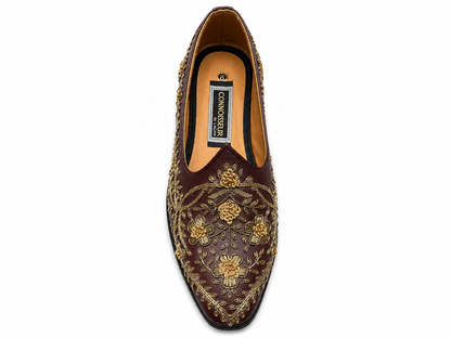Burgundy Floral Embroidered Loafers