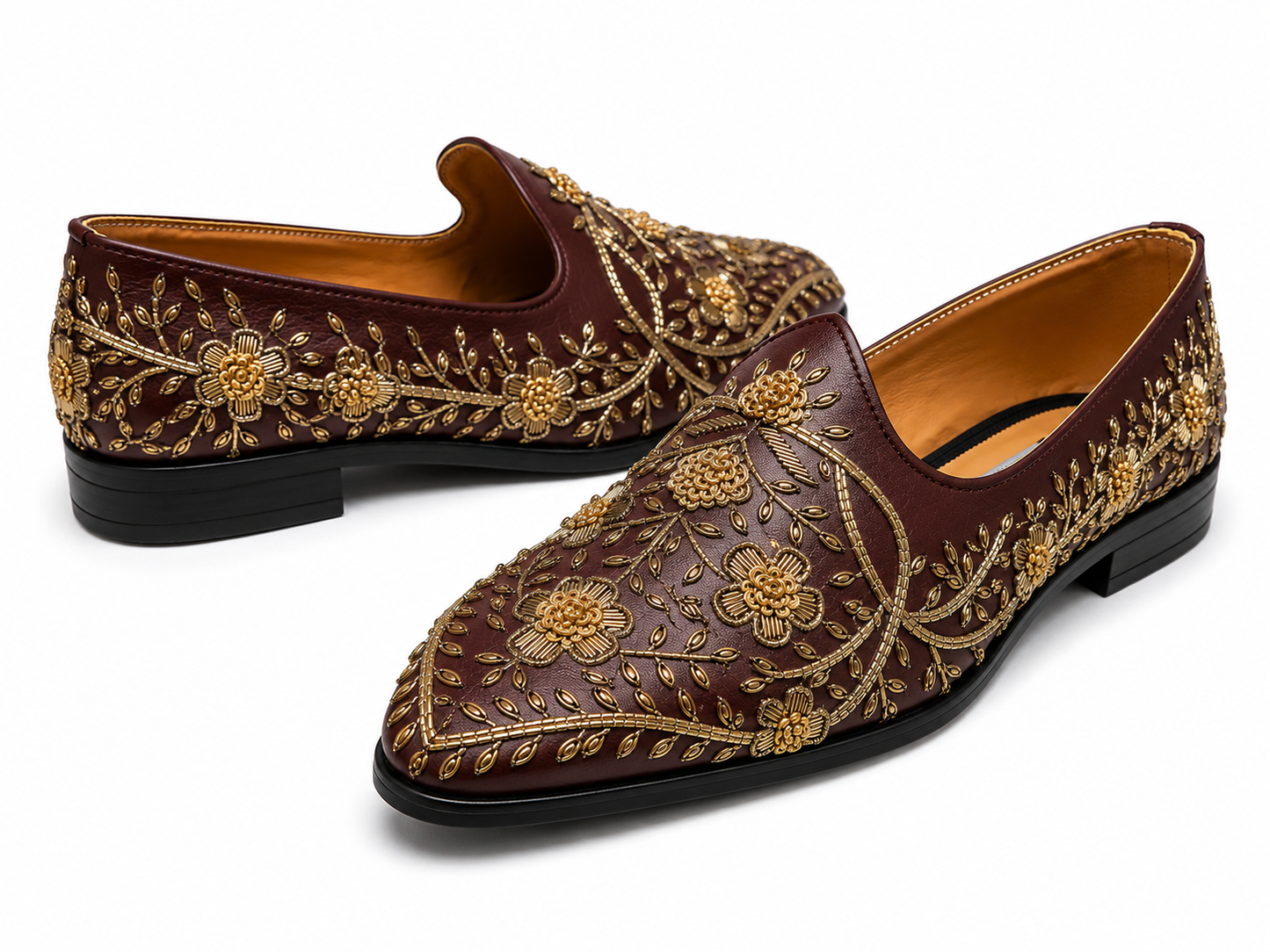 Burgundy Floral Embroidered Loafers
