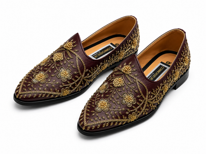 Burgundy Floral Embroidered Loafers