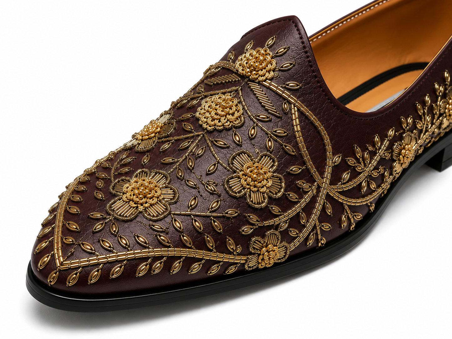 Burgundy Floral Embroidered Loafers