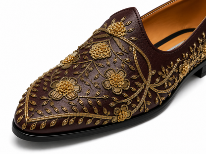 Burgundy Floral Embroidered Loafers