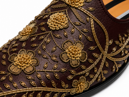 Burgundy Floral Embroidered Loafers