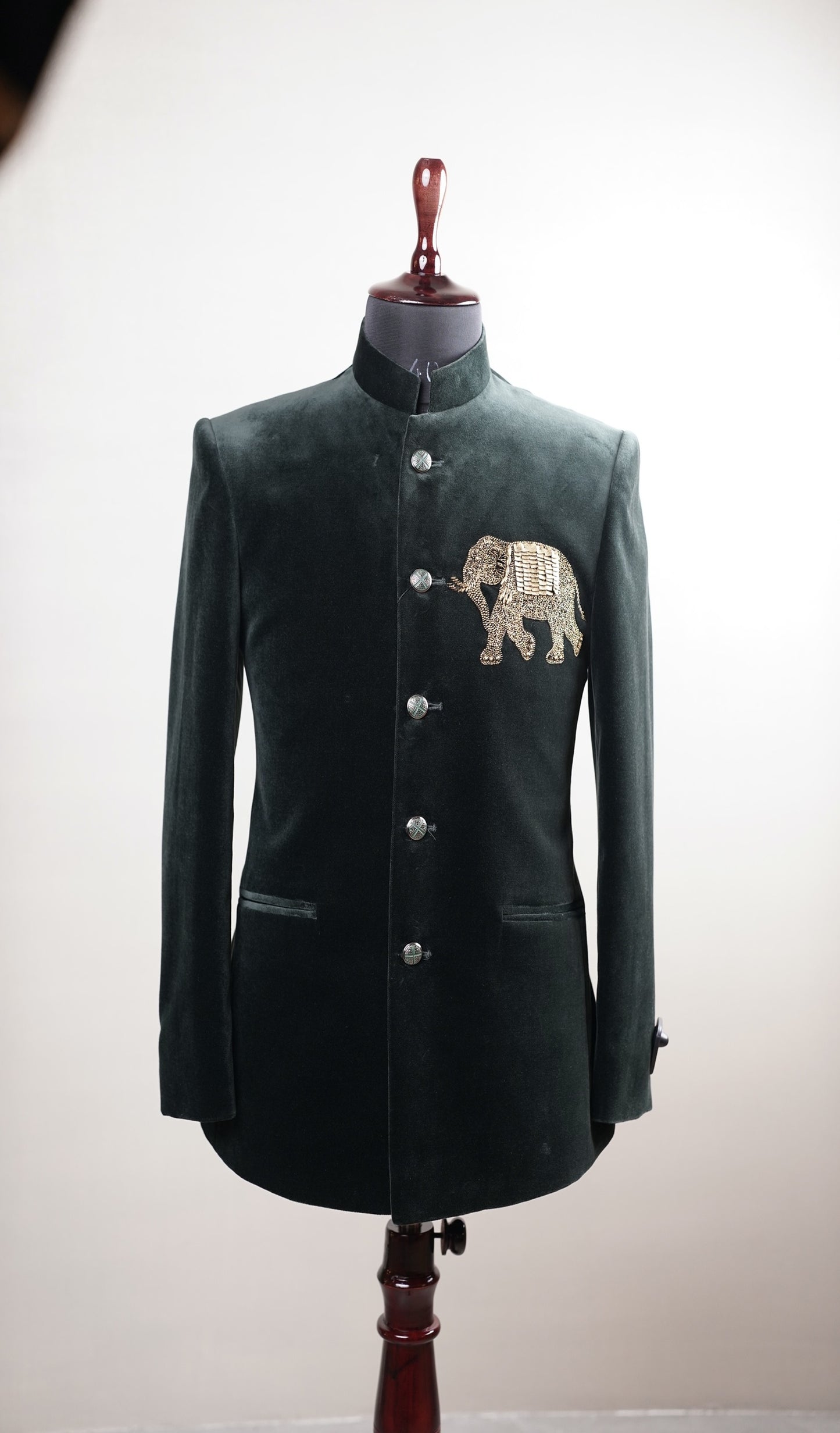 Deep Green Velvet Bandhgala with Elephant Motif