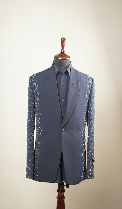 Navy Blue Gem-Embellished Tuxedo Set